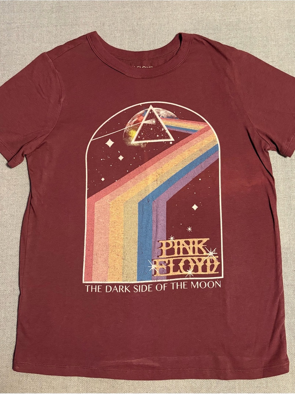Pink Floyd Maroon Short Sleeve Tee with Prism Rainbow Graphic
